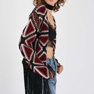 Topshop Black and Burgundy Crochet Faux Suede Cardigan